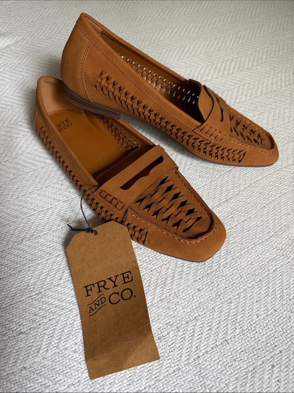 Frye & Co Florys Loafers Womens Size 10 Shoes Brown Cognac Leather Braided